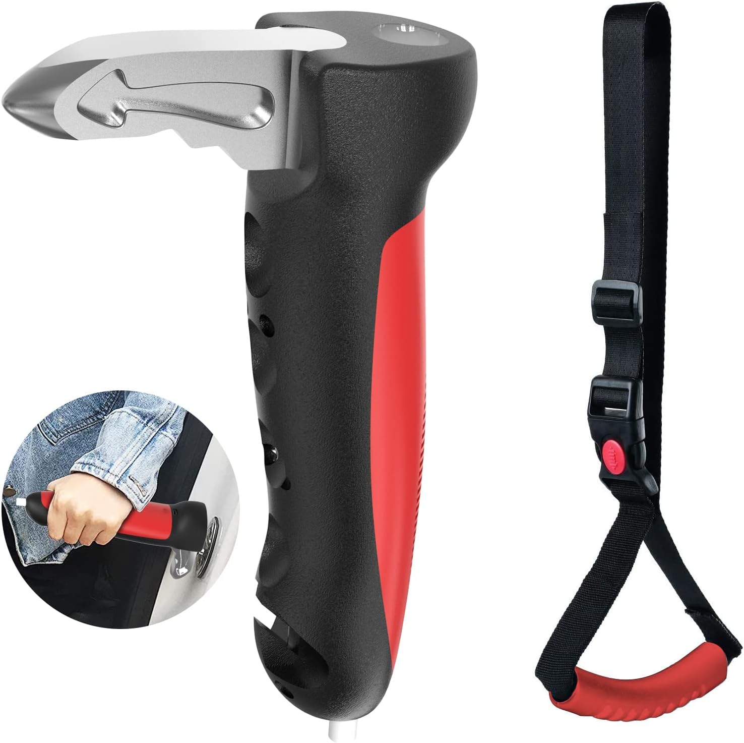 5 in 1 Vehicle Support Handles Elderly Portable Automotive Door Assist Handles Multifunction Car Handle for Elderly and Handicapped (Red-with Nylon Handle)