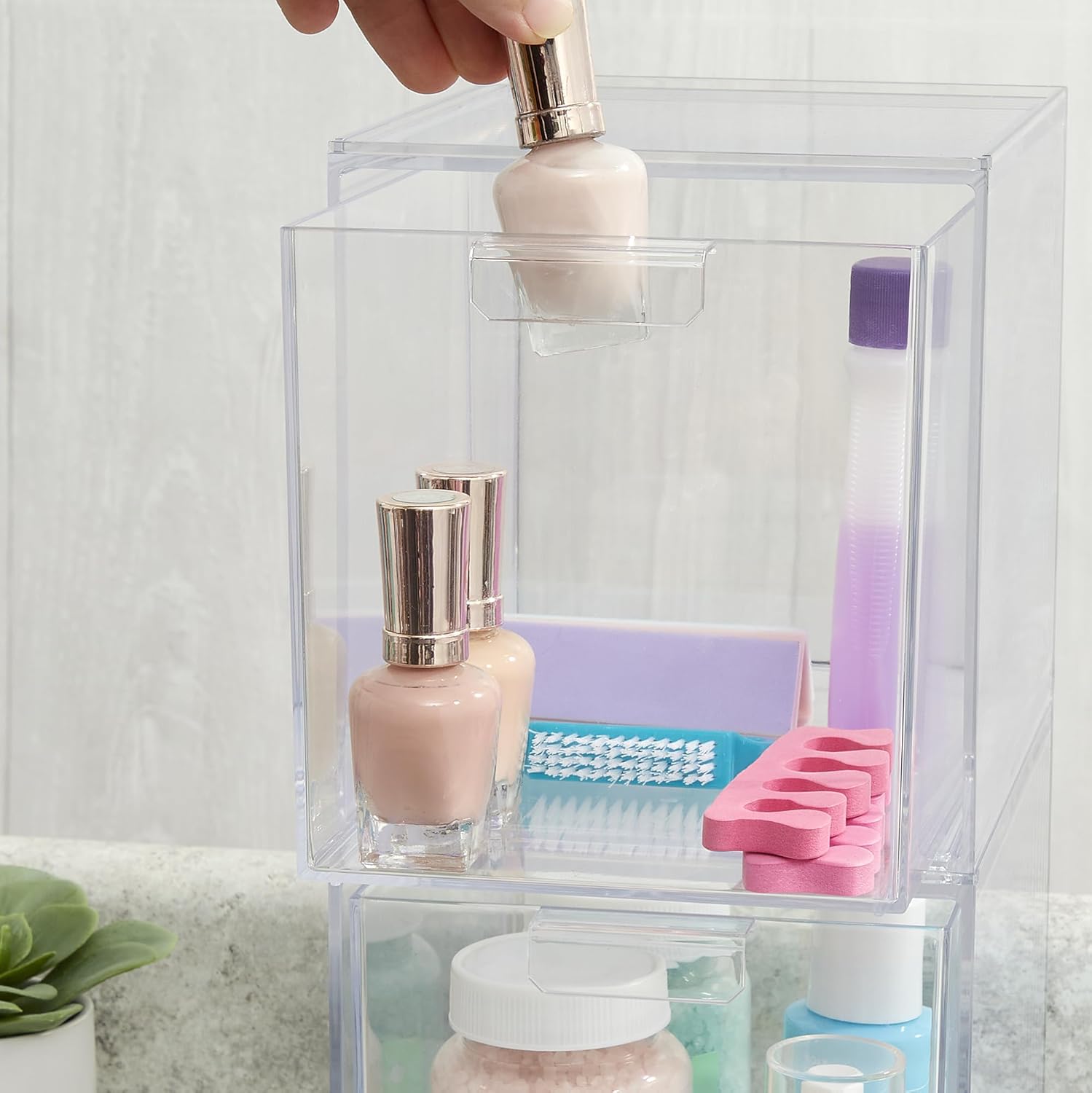 STORi Audrey Stackable Bin Clear Plastic Organizer Drawers | 2 Piece Set | Organize Cosmetics and Beauty Supplies on a Vanity | Made in USA