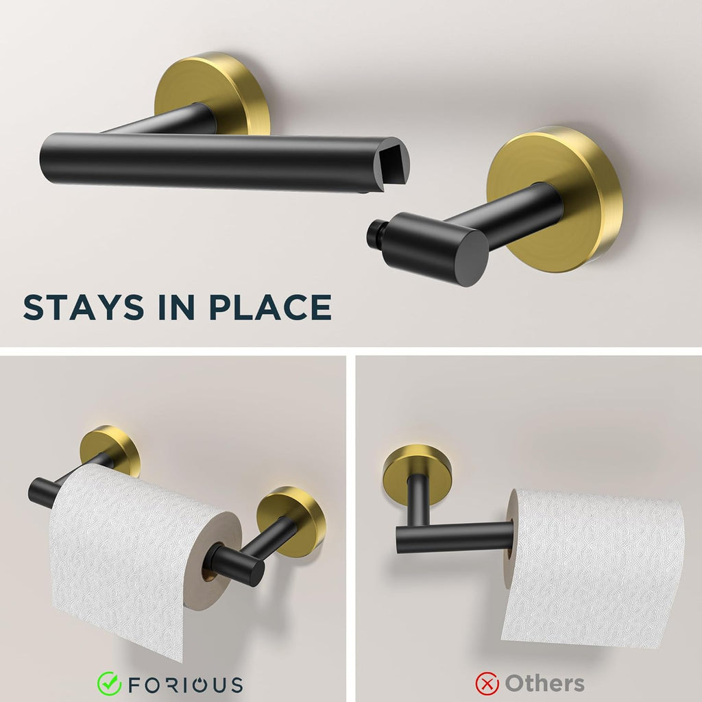 FORIOUS Toilet Paper Holder Wall Mount, SUS304 Stainless Steel Double Post Pivoting Tissue Roll Holder and Hand Towel Ring Set for Bathroom, RV, Bathroom Hardware Accessories Set, Black Gold