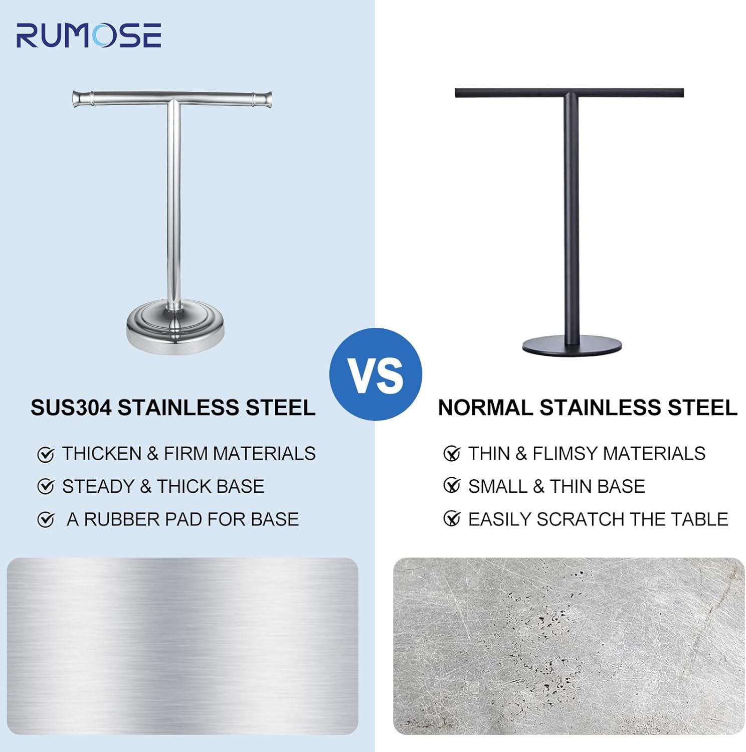 RUMOSE 13 Inch Polished Chrome Towel Stand Hand Towel Holder Bathroom Kitchen Vanity Countertop T-Shape Towel Rack Free Standing Stainless Steel Towel Bar Towel Ring