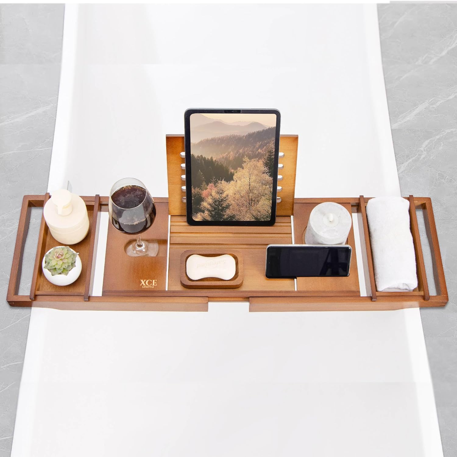 XcE Bathtub Caddy Tray Expandable to 105cm with Bamboo Book Stand and Soap Tray, Brown
