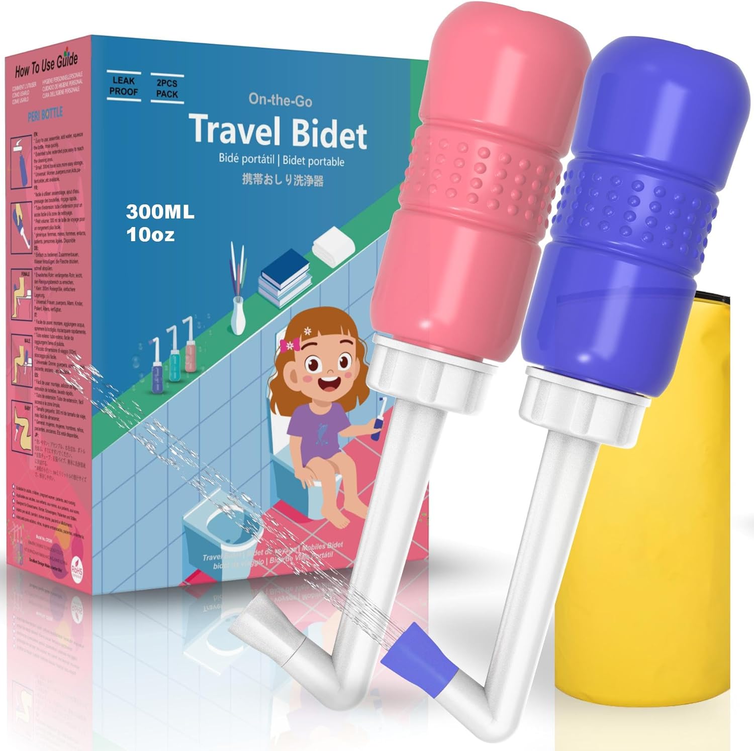 2Pcs-Pack Blue+Pink 10oz Travel Bidet Peri Bottle for Postpartum & Perineal Care,300ml Portable Bidet for Personal Hygiene Cleaning