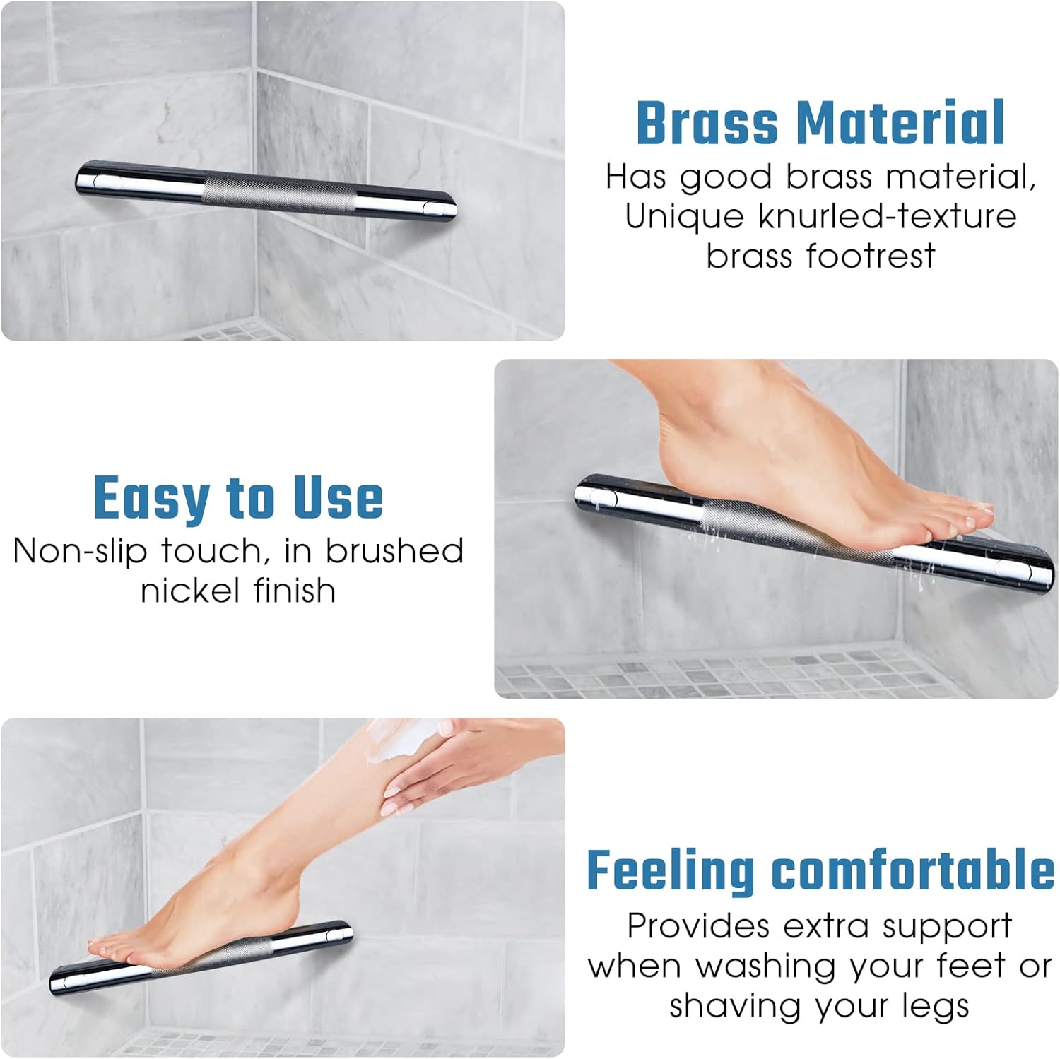 Chrome Shower Foot Rest Bar,Corner Shower Foot Rest for Shaving Legs,Wall Mounted Shower Step Foot Stool Anti-Slip Knurled Brass Bar Foot Ledge for Small Bathrooms,Polished Chrome