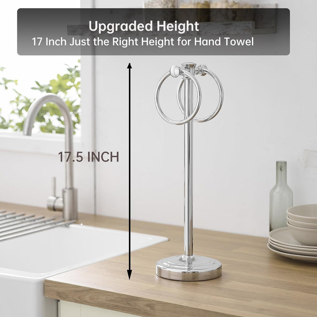 Hoimpro 17" Polished Chrome Standing Towel Rack Bracket, Double Towel Ring Free Hand Towel Stand Holder Bathroom Hardware Accessories Set Towel Bar for Bathroom Vanities and Kitchen Countertops