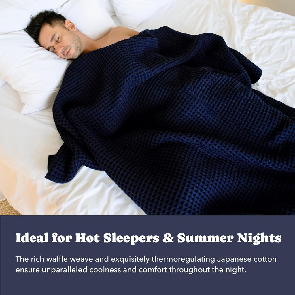 Luxury Japanese Cotton Waffle Towelket Blanket for All Sleepers | Soft, Breathable and Thermoregulating (Ocean Blue, 67''x91'')