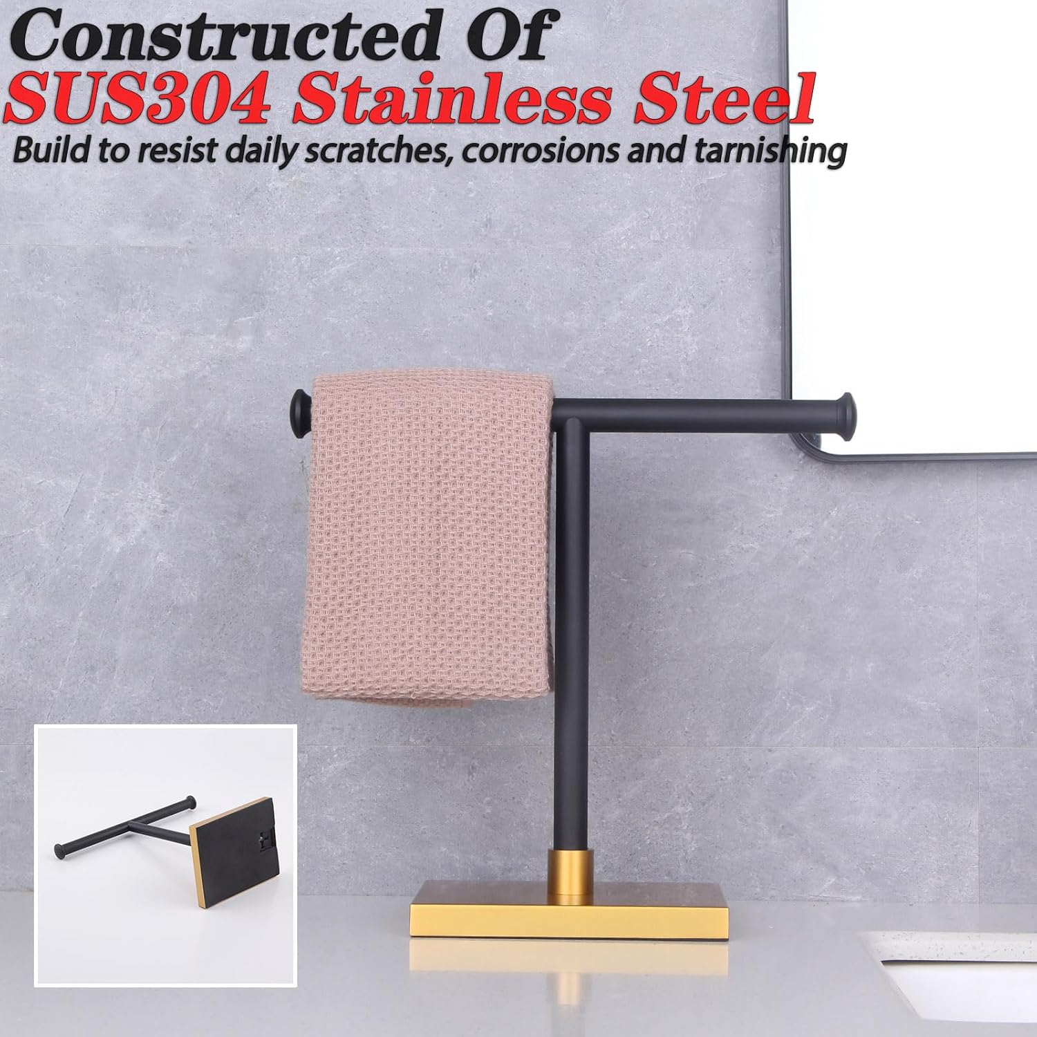 GERZWY Free Standing Countertop Towel Ring Hand Towel Holder Tree Rack SUS 304 Stainless Steel (Black & Gold) DZY011-BD