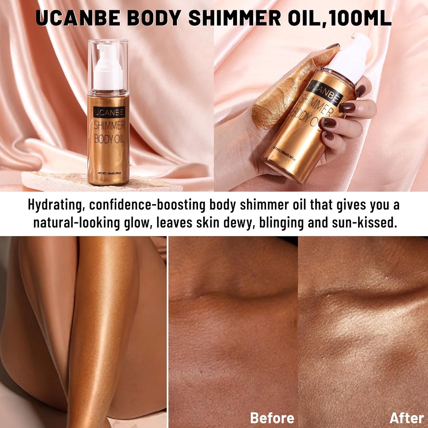 UCANBE Body Shimmer Oil - 100ml Moisturizing Glitter Oil, Waterproof Shimmering Luminizer Liquid Illuminator, Tinted Glow Bronzer (Bronze Gold)