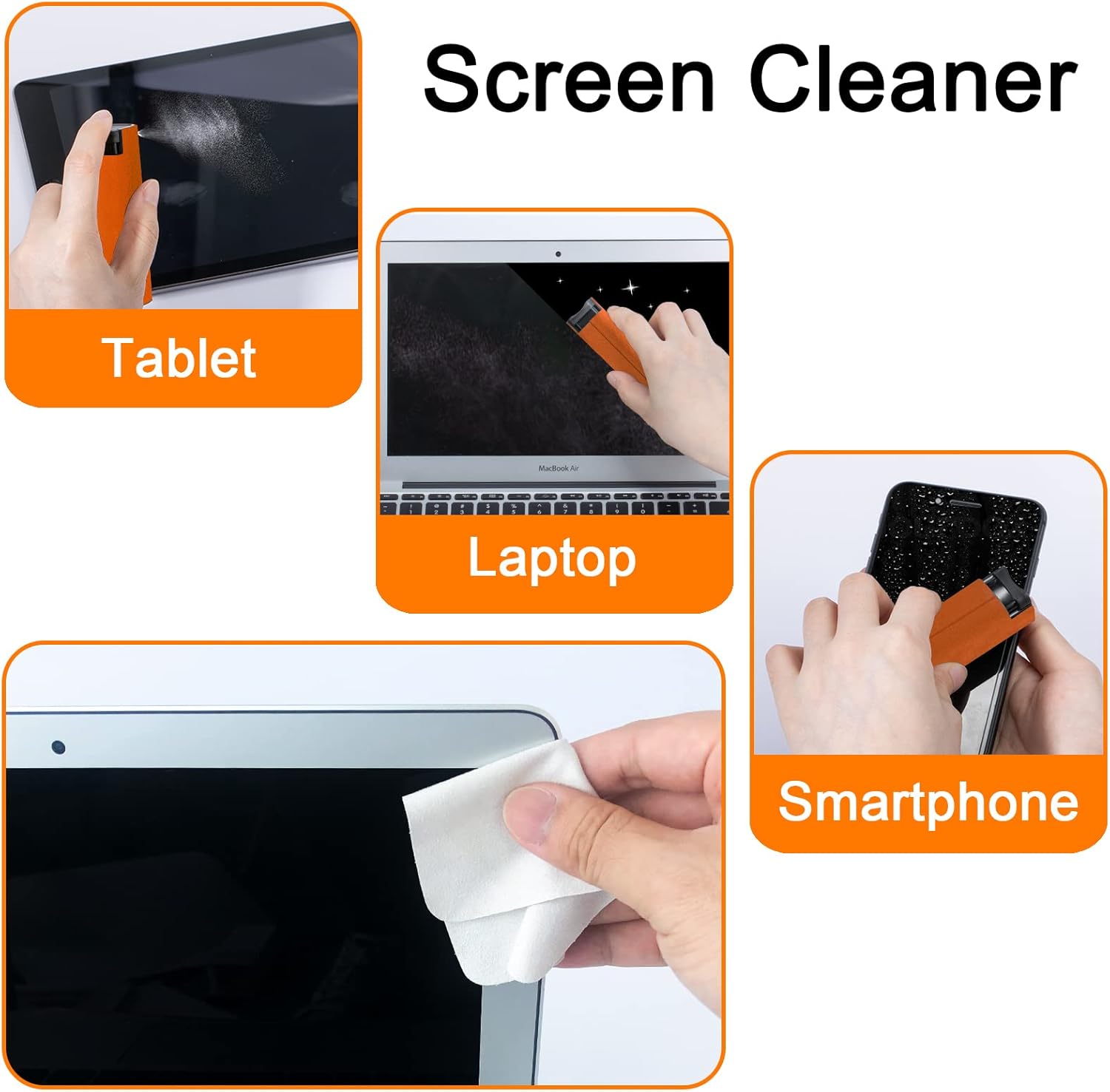 Screen Cleaner Touchscreen Mist Spray, walrfid Cleaning Kit for Electronic Smart Phone TV, Laptop, Tablet, PC, Computer Monitor Flat LCD, Eyeglasses, Compatible with iPhone iPad MacBook Pro (Orange)