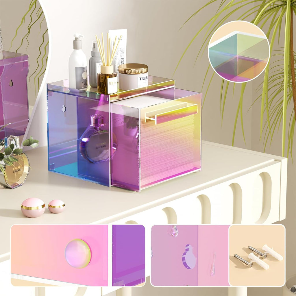Rainbow Disposable Facial Towels Storage Box Acrylic Container Compatible with Clean Skin Club Clean Towel XL Wall-Mounted Face Towel Organizer with Drawer(Excluding Facial Towels)