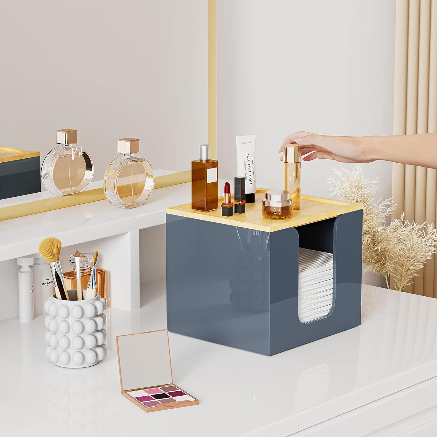 VITVITI Disposable Face Towel Holder Box, Acrylic Facial Towel Container for XL Clean Skin Club, Large Disposable Face Towels Storage with Bamboo Lid, for Bathroom, Vanity Makeup, Gray