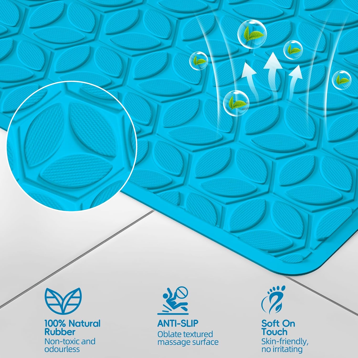 WRISIN Bathtub Mat Non Slip with Suction Cups - 100% Rubber Bathroom Mat Textured for Bath Tub Shower Safety - Soft on Touch - BPA/PVC Free - Pet Dog Bath Mat - Machine Washable - 16 × 28 Inch（R Blue）