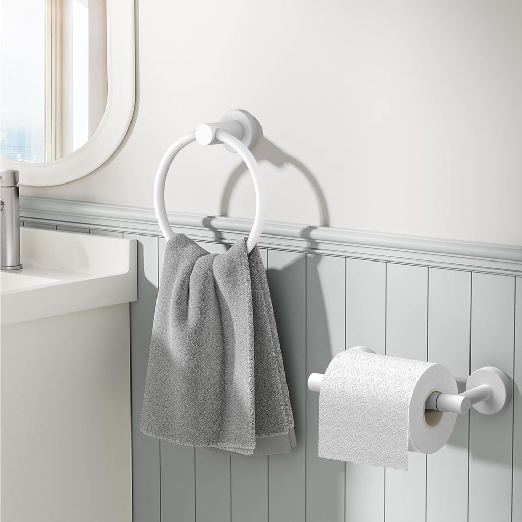 FORIOUS Toilet Paper Holder Wall Mount, SUS304 Stainless Steel Double Post Pivoting Tissue Roll Holder and Hand Towel Ring Set for Bathroom, RV, Bathroom Hardware Accessories Set, White