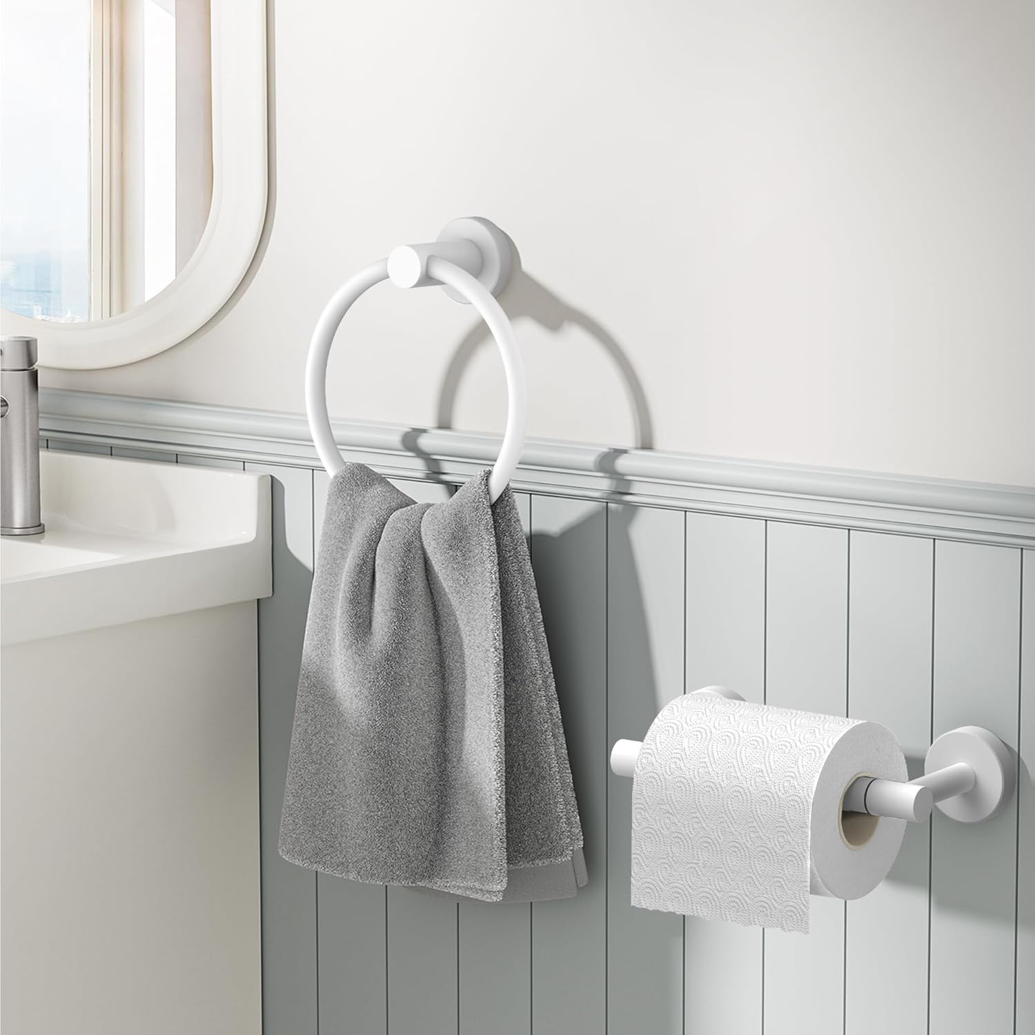 FORIOUS Toilet Paper Holder Wall Mount, SUS304 Stainless Steel Double Post Pivoting Tissue Roll Holder and Hand Towel Ring Set for Bathroom, RV, Bathroom Hardware Accessories Set, White