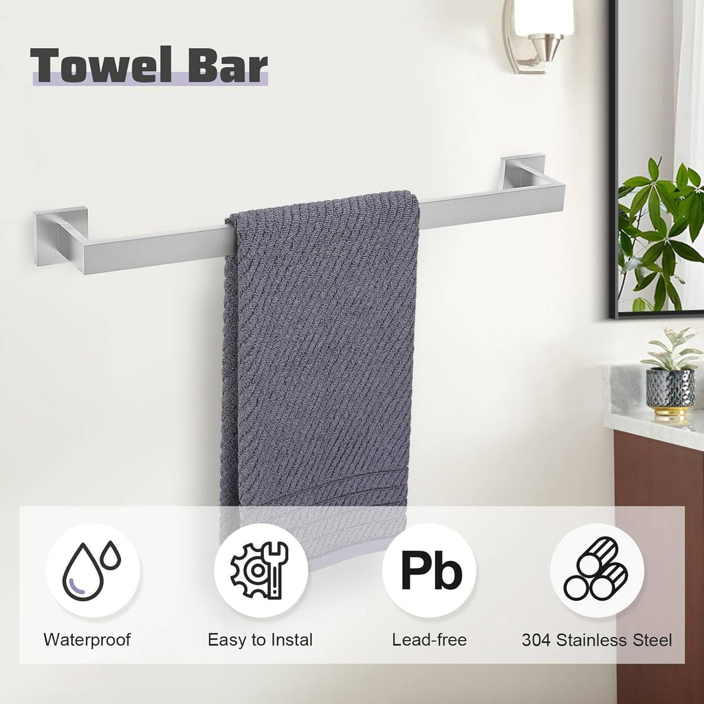 TNOMS Brushed Nickel Towel Bar Set,5-Piece Bathroom Hardware Set Includes Upgraded Double Base Paper Towel Holder Modern Square Towel Holder Set,Stainless Steel Wall Mount 23.6 Inch