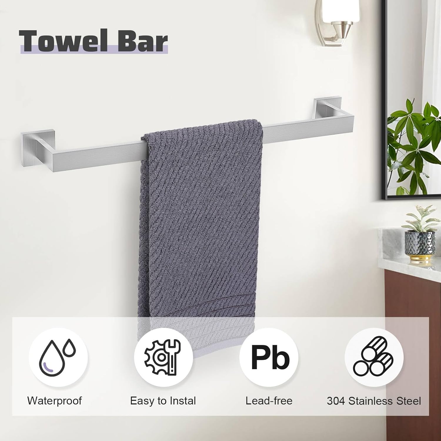 TNOMS Brushed Nickel Towel Bar Set,5-Piece Bathroom Hardware Set Includes Upgraded Double Base Paper Towel Holder Modern Square Towel Holder Set,Stainless Steel Wall Mount 23.6 Inch