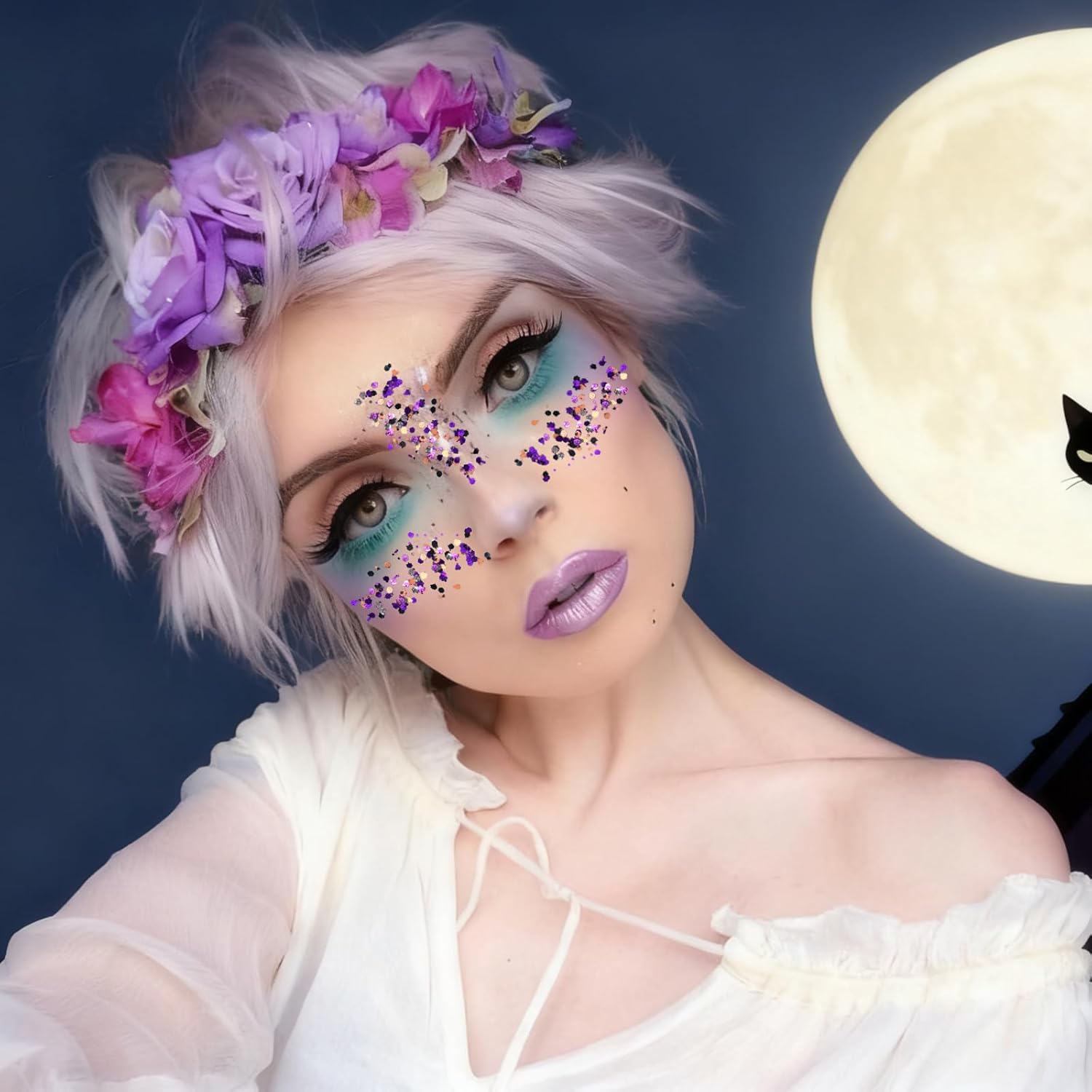 Mysense Halloween Body Glitter Stick, Black Purple and Orange Face Hair Glitter for Kids Women, Festival Rave Pride Accessories, Sparkling Chunky Glitter Makeup, 0.56oz