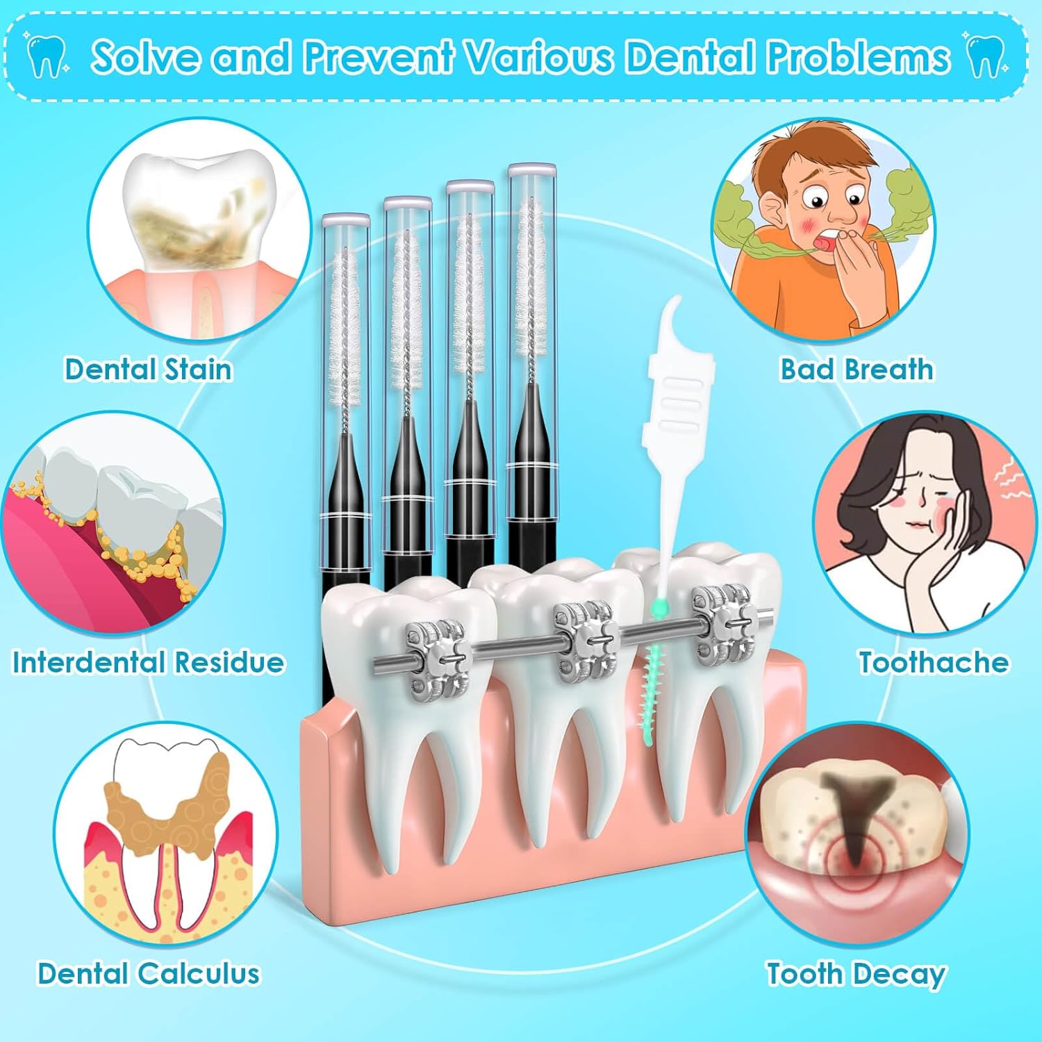 270Pcs Interdental Brush, 220Pcs Soft Dental Picks & 50Pcs Braces Brush for Teeth, Bendable Braces Flossers Heads Interdental Brushes Between Teeth Oral Tooth Braces Cleaner Kit (Black)