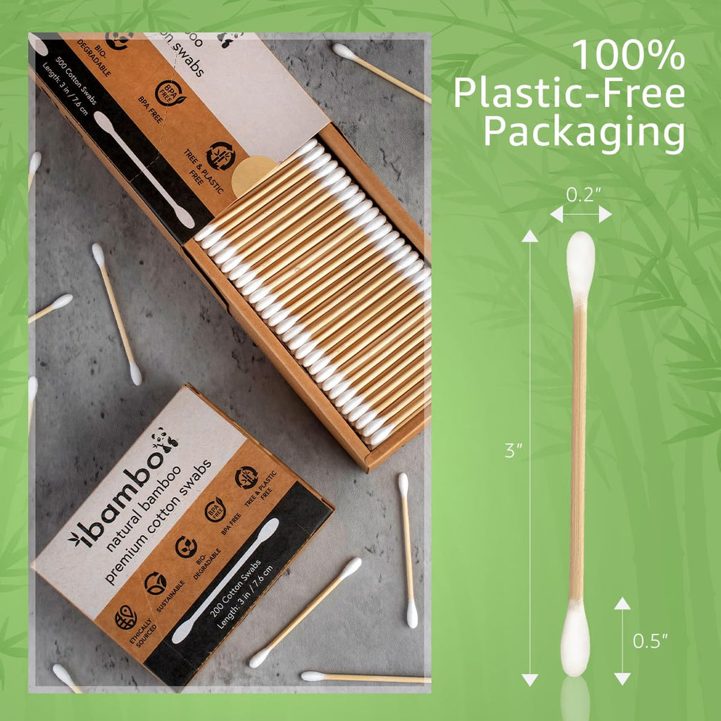 100% Bamboo Cotton Ear Swabs (200-Pack) | Double Tipped Ear Cotton Buds for Beauty & Personal Care | FSC Certified & Hypoallergenic | Suitable for All Ages & Pets | Biodegradable & Disposable
