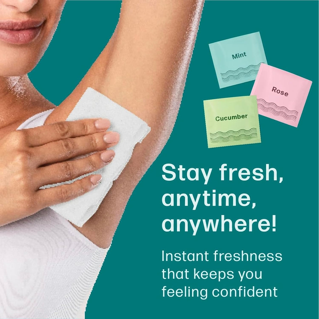 Dew Well Deodorant Wipes - On-the-Go Travel Deodorant - Fresh Mint, Rose & Cucumber Scents Body Wipes for Women - Aluminum, Paraben & Sulfate Free Mini Toiletries - 50 Count, Mint/Rose/Cucumber