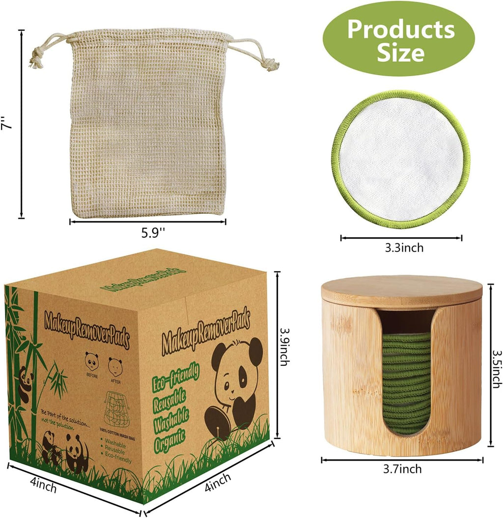 Reusable Cotton Rounds 20Pcs - 100% Natural Bamboo Cotton Pads for Face, Makeup Remover with Laundry Bag and Bamboo Holder (Green)