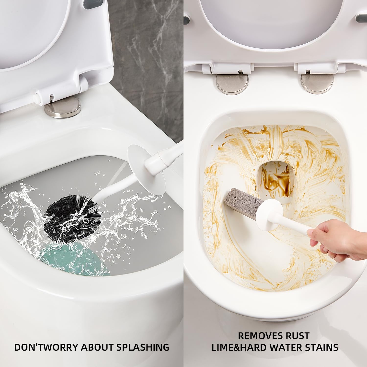 Toilet Brush & Pumice Stone Brush Combo, 2-in-1 Toilet Bowl Brush and Dual-Slot Holder Set, Curved Deep Cleaning Brush & Extended Handle, Compact Size Toilet Cleaner Brush Organizer