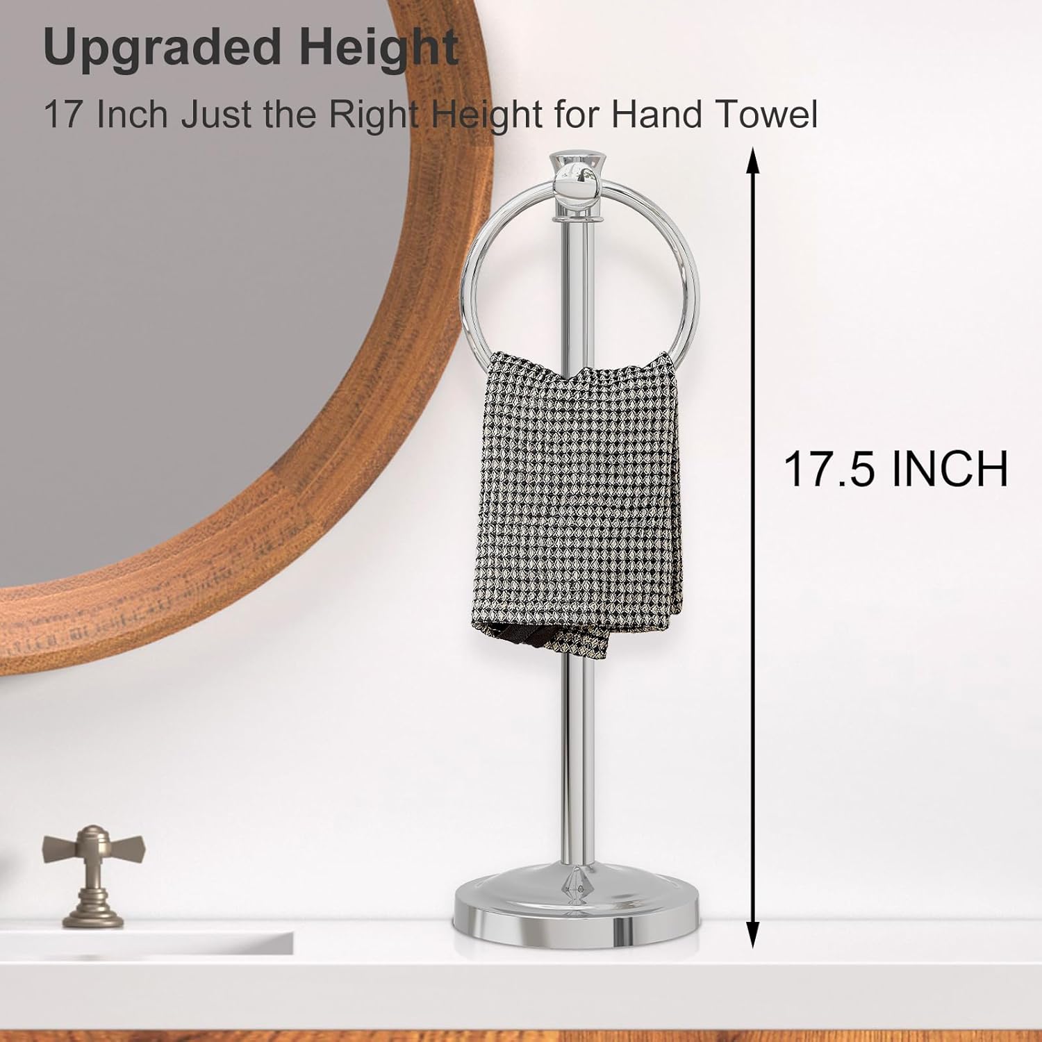 Hoimpro 17 Inch Stand Hand Towel Holder Towel Bar Towel Hanging Ring, Free Standing Floor Hand Towel Rack Storage for Bathroom Kitchen Vanity Countertops, Hardware Accessories(Polished Chrome)