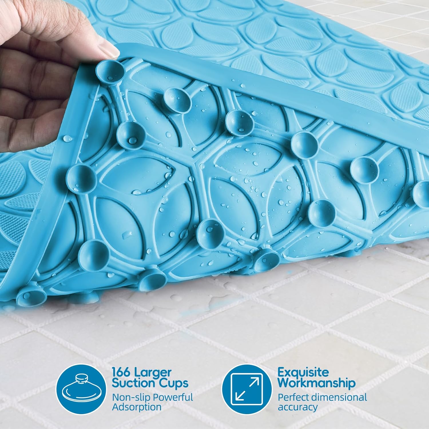 WRISIN Bathtub Mat Non Slip with Suction Cups - 100% Rubber Bathroom Mat Textured for Bath Tub Shower Safety - Soft on Touch - BPA/PVC Free - Pet Dog Bath Mat - Machine Washable - 16 × 28 Inch（R Blue）