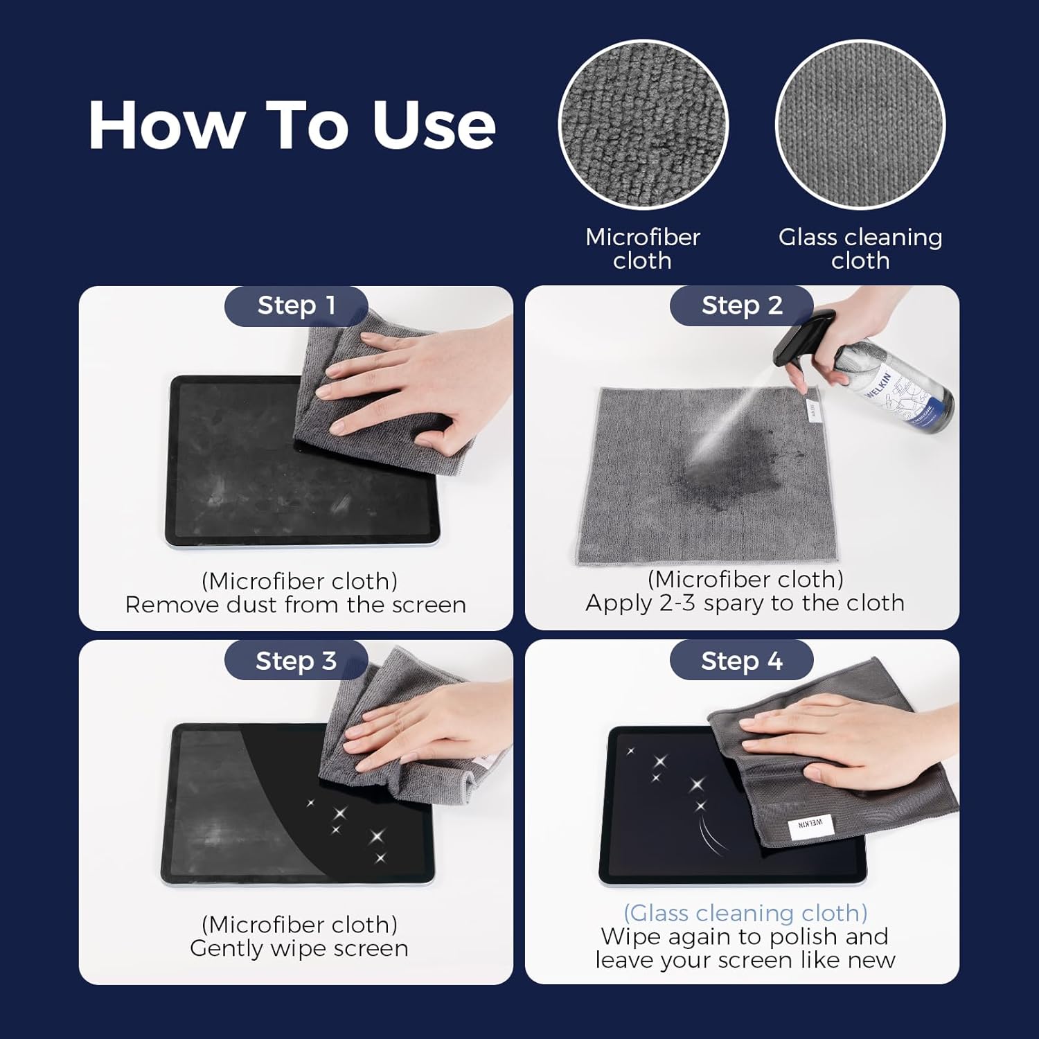 WELKIN Screen Cleaner Spray Kit (550ml + 60ml) - Cleaning Gel for TV, Laptop, Computer, Phone Touchscreen -2 Sprayers，1 Microfiber Cloth & 1 Glass Wipe