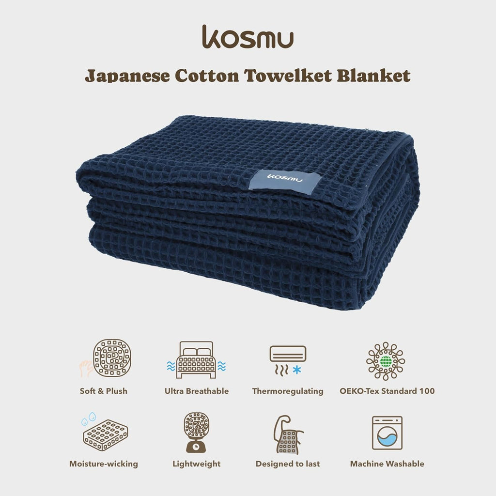 Luxury Japanese Cotton Waffle Towelket Blanket for All Sleepers | Soft, Breathable and Thermoregulating (Ocean Blue, 67''x91'')