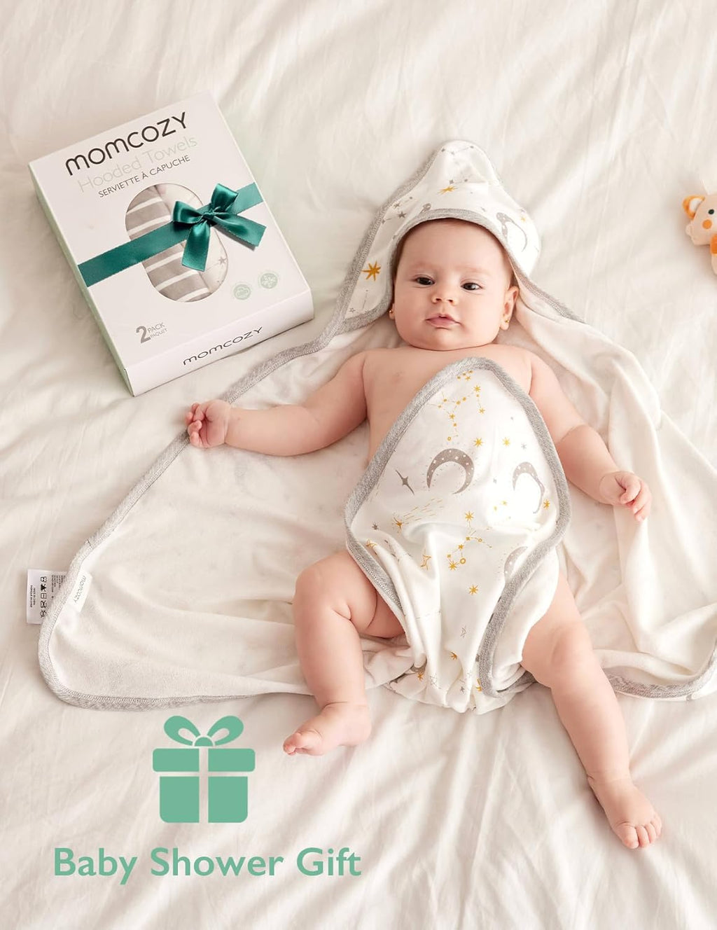 Momcozy Baby Hooded Towel, 2 Pack Cotton Bath Towel for Boy or Girl, Super Soft Baby Towel with Original Design, Shower Gifts for Newborn (28 X 28 Inch, Starry Sky)