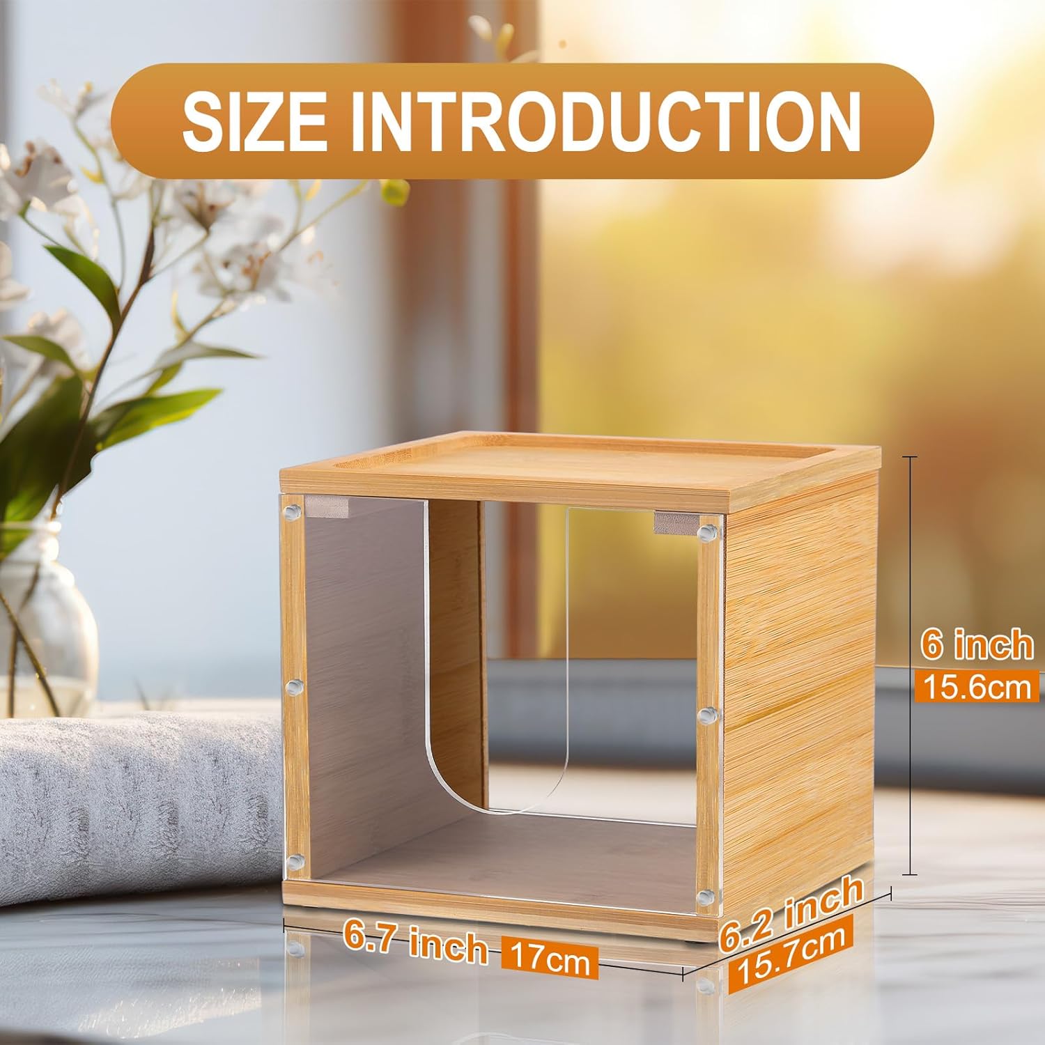 Chunful Disposable Face Towel Holder Box with Bamboo Lid, Acrylic Cosmetic Facial Towel Storage Container for Disposable Makeup Wipes Bathroom Vanity Countertop(Magnetic Connection)