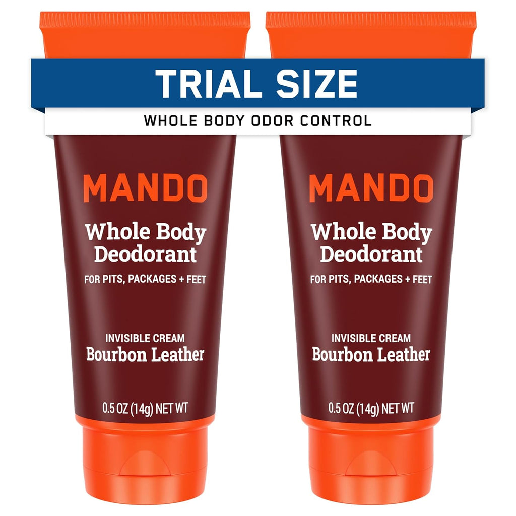 Mando Whole Body Deodorant - Mini Travel Size Invisible Cream Tube - 72 Hour Odor Control - Aluminum and Baking Soda Free, Skin Safe - .5 oz (Pack of 2) (Bourbon Leather)