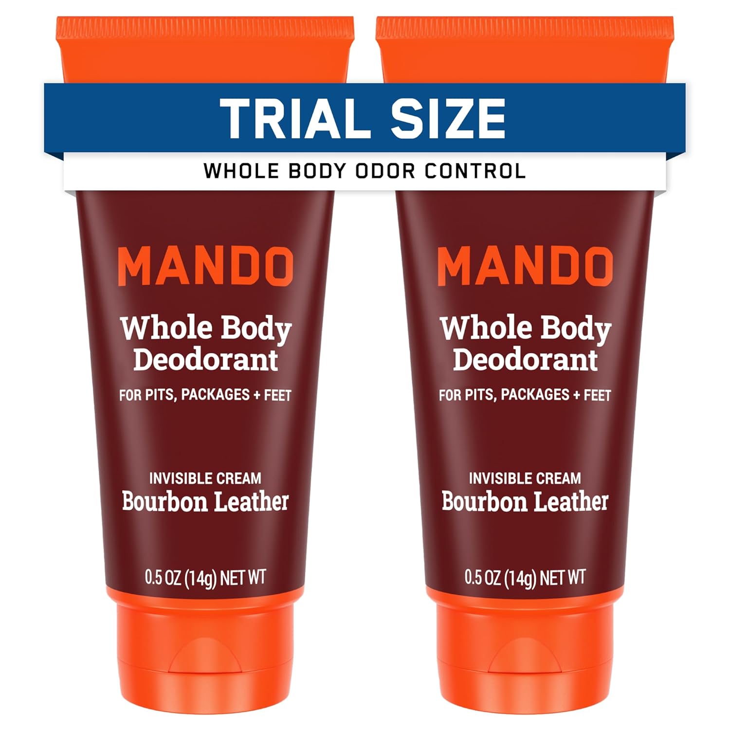Mando Whole Body Deodorant - Mini Travel Size Invisible Cream Tube - 72 Hour Odor Control - Aluminum and Baking Soda Free, Skin Safe - .5 oz (Pack of 2) (Bourbon Leather)