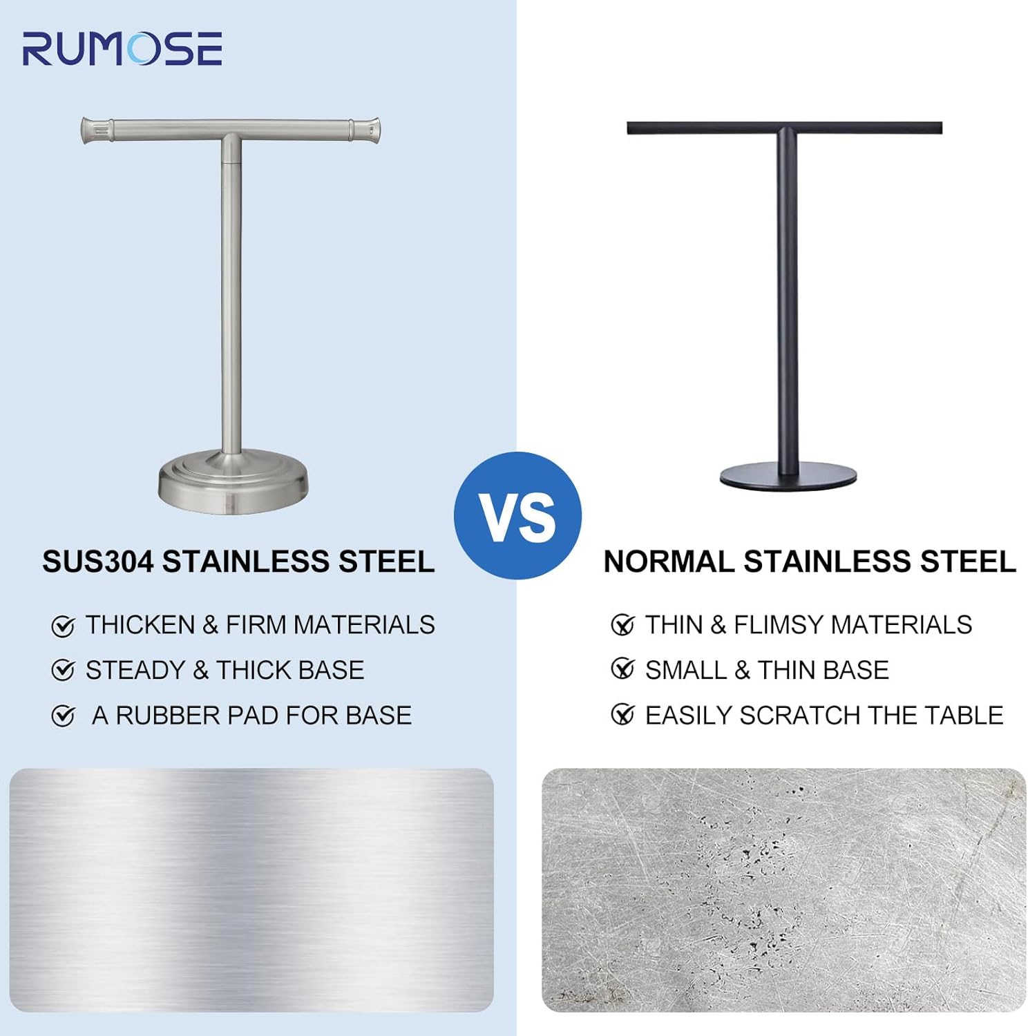 RUMOSE 13 Inch Brushed Nickel Towel Stand Hand Towel Holder Bathroom Kitchen Vanity Countertop T-Shape Towel Rack Free Standing Stainless Steel Towel Bar Towel Ring