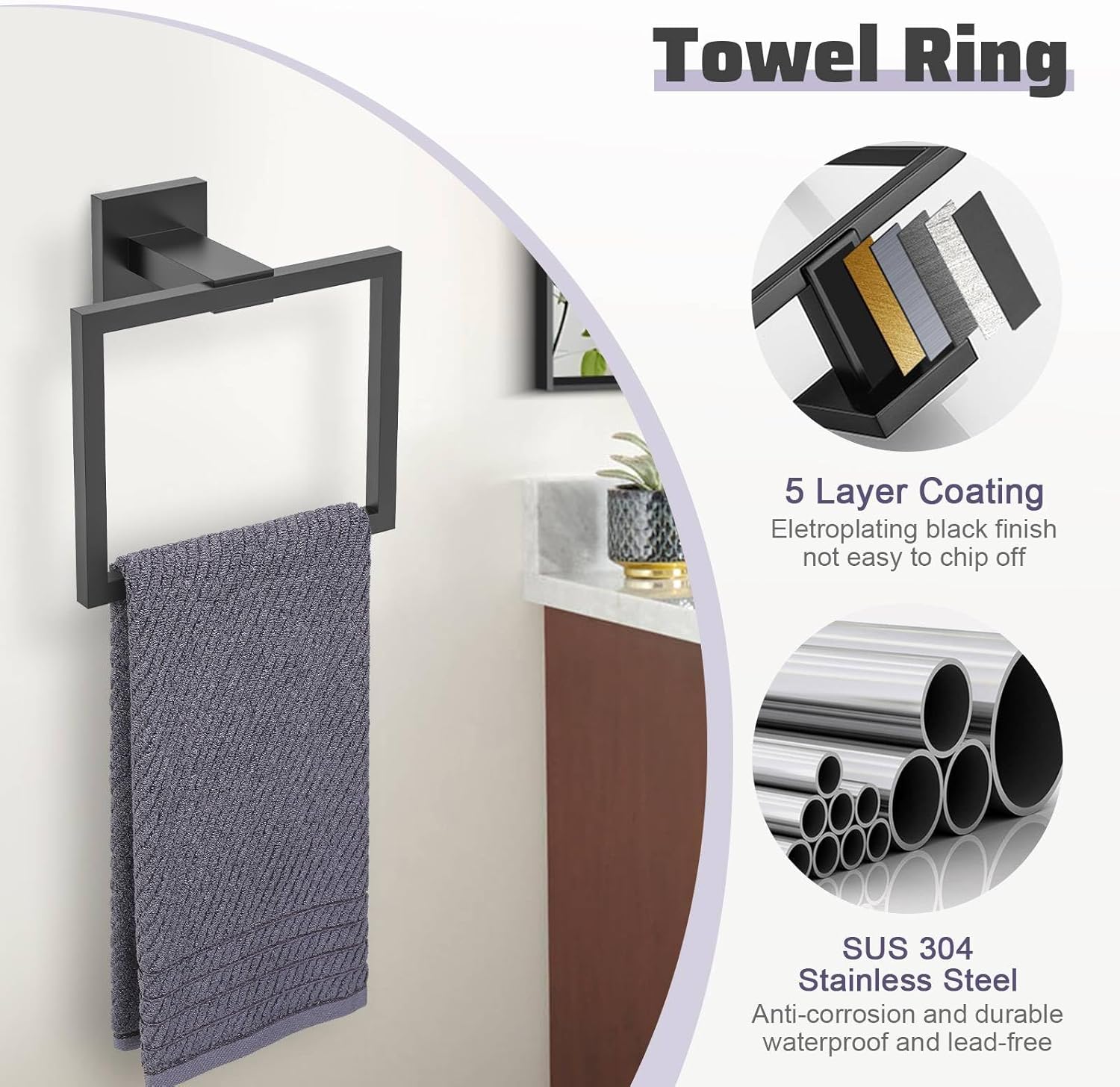 TNOMS Matte Black Towel Bar Set 5-Piece Bathroom Hardware Accessories Set,23.6 Inch Modern Towel Holder Set SUS304 Stainless Steel Towel Rack Set for Bathroom,Wall-Mounted