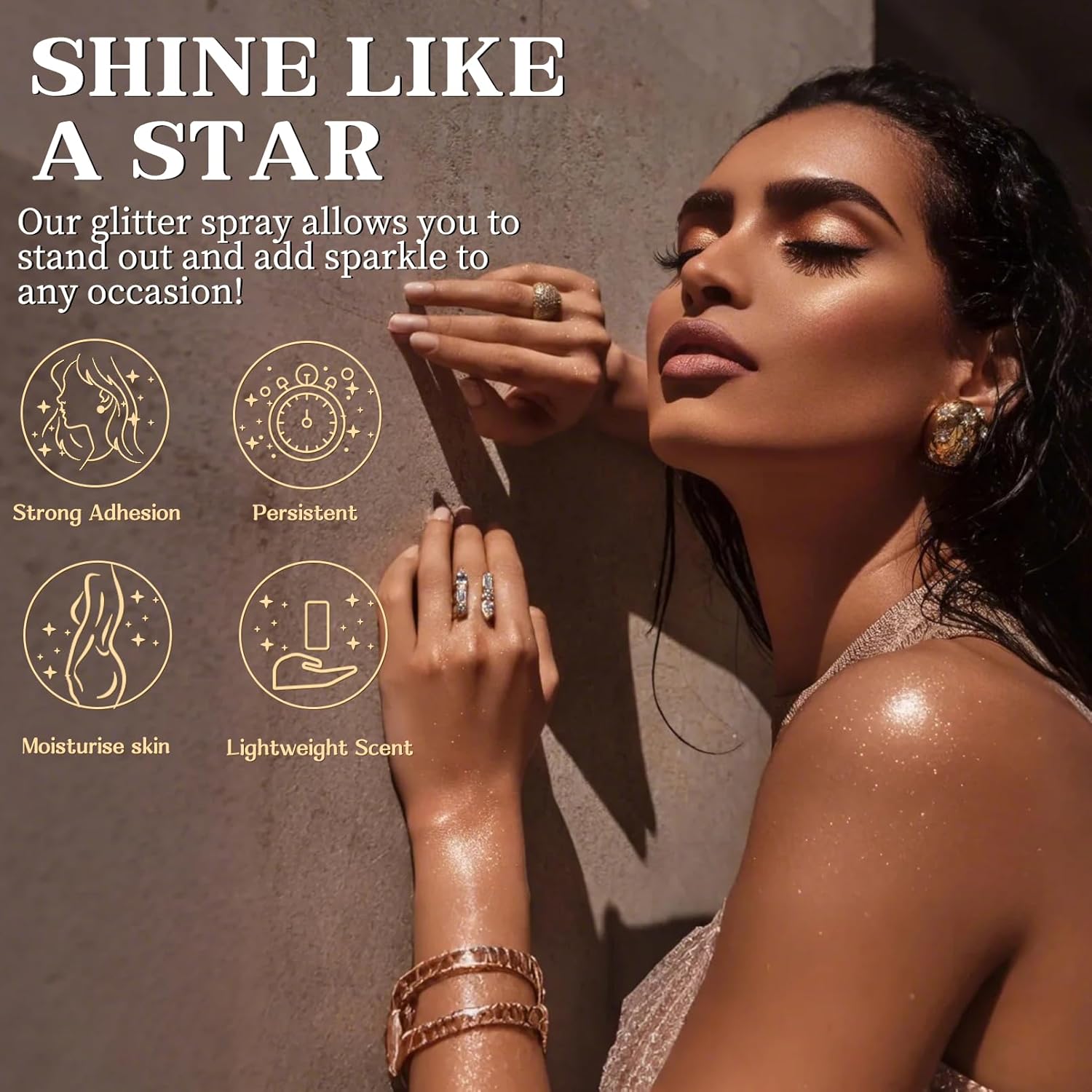 Glitter Spray for Hair and Body, Glitter Body Spray, Quick-Drying Waterproofing Body Shimmer Suitable for Festival Rave (Bronze, 2.6 fl oz)