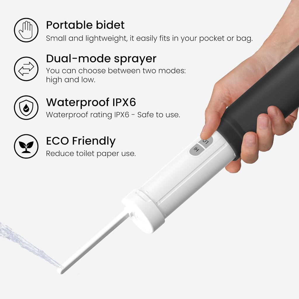 VOVO Go Portable Electric Bidet for Travel - 2 Adjustable Pressure Settings, Compact Handheld Bidet, Ideal for Personal Hygiene & Postpartum Care, Lightweight & Leak-Proof, Made in Korea - Black