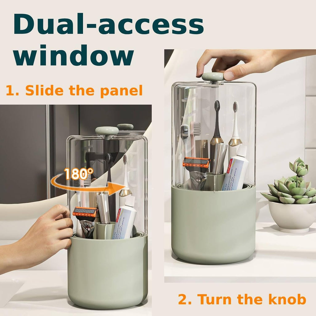 Toothbrush Holder with Cover 360 Rotating 4 Compartments Bathroom Toothpaste Electric Toothbrush Organizer, Light Green