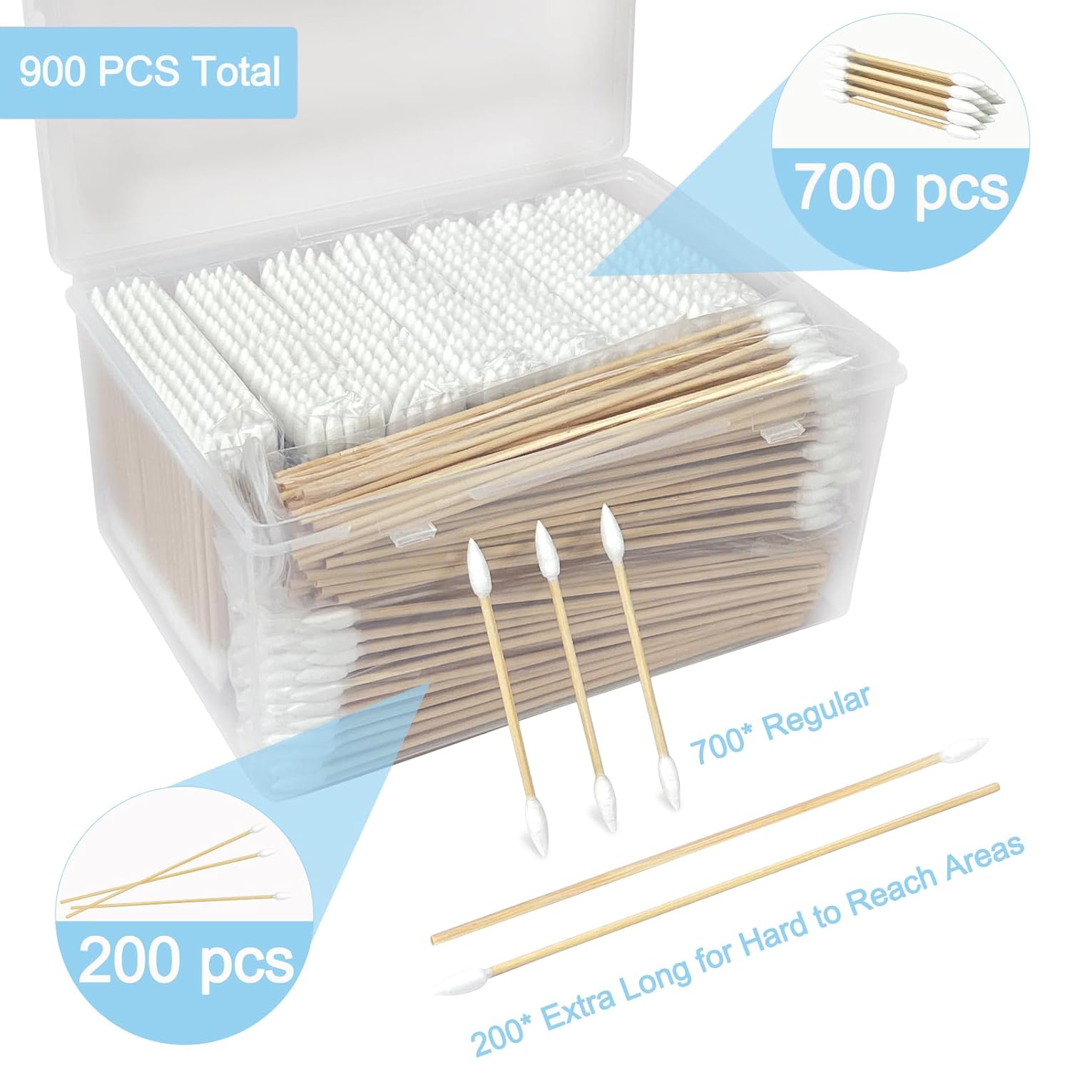900 Pcs Precision Tip Cotton Swabs with Sturdy Bamboo Sticks, 700 Pcs Double Pointed Tip Cotton Swabs & 200 Pcs Long Cotton Swabs for Makeup, Nails, Crafts, Gun Cleaning