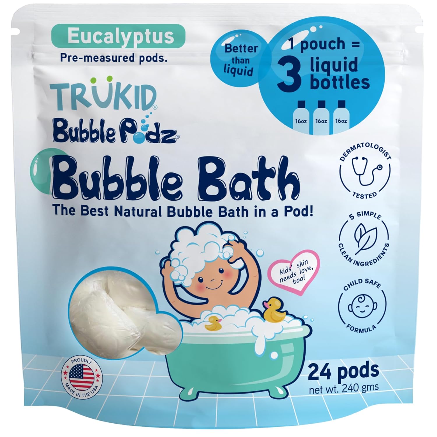 TruKid Bubble Podz Bubble Bath for Kids, Toddlers, & Babies, Tear Free Gentle & Refreshing Bath Bomb for Sensitive Skin with Natural Moisturizers, Non-Toxic, pH Balanced, Eucalyptus Scent (24 Podz)