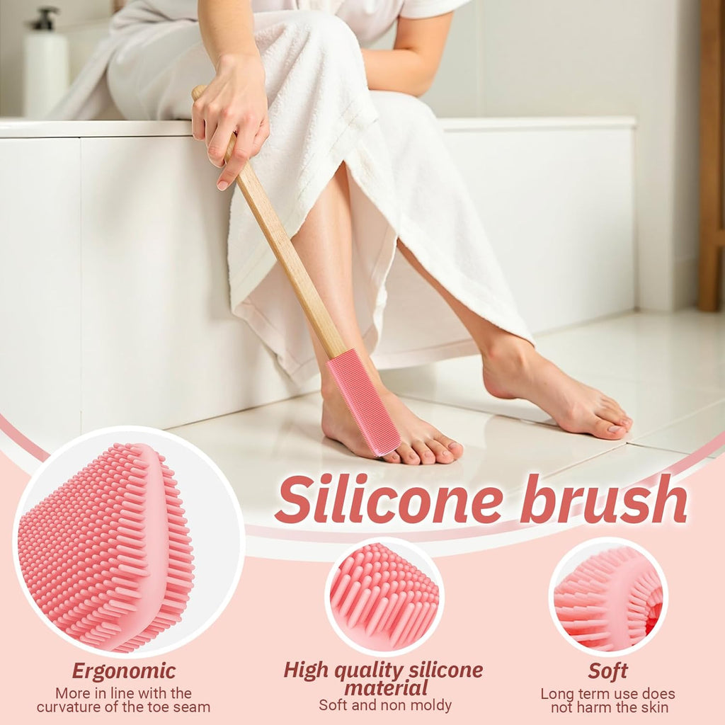 Long Handle Toe Gap Cleaning Brush+Body Shower Brush+Foot Grinder, Silicone Foot Scrubber for Shower, Feet Cleaner Scrub Foot Care for Seniors,Elderly, Men and Women,Pink