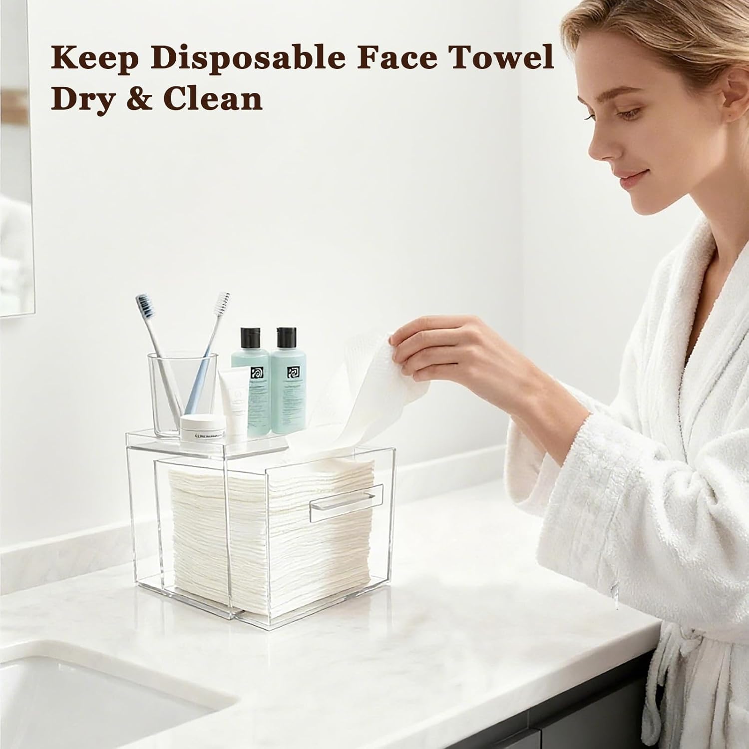 Disposable Facial Towel Holder, Acrylic Container Compatible with Clean Skin Club Towel XL, Clear Storage Box for Bathroom and Vanity Countertop