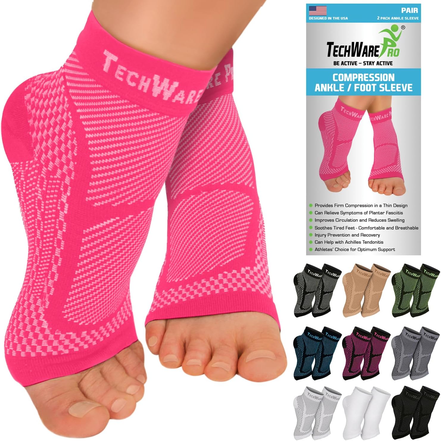 TechWare Pro Ankle Brace Compression Sleeve - Plantar Fasciitis Sock. Relieves Achilles Tendonitis. Foot Arch Support Reduces Joint Pain, Swelling & Heel Spur Pain. Injury Recovery Braces for Sports