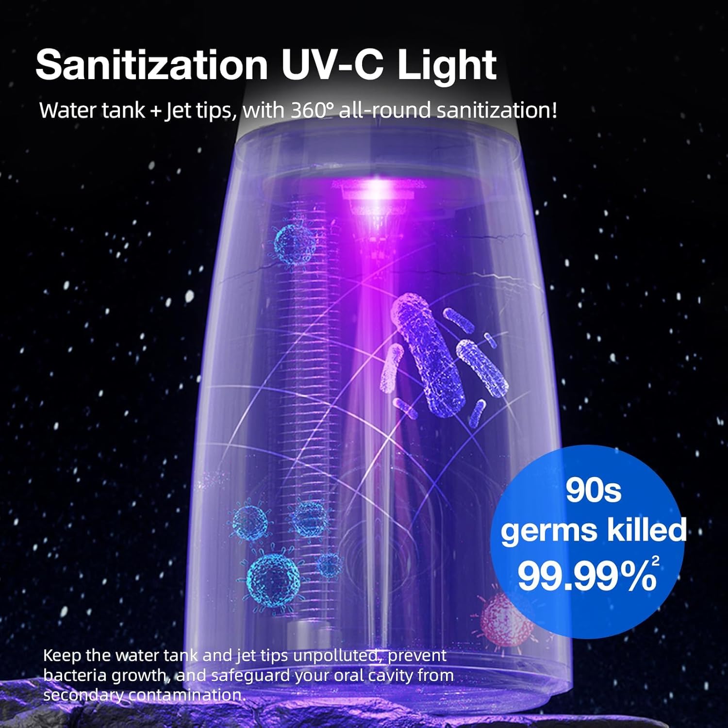 KIWIBIRD Water Dental Flosser Cordless with UVC Light, 3 Modes Portable Oral Irrigator, IPX7 Waterproof, 300ML Tank, Electric Teeth Cleaner for Tonsil Stones, Home & Travel Use (Black & White)
