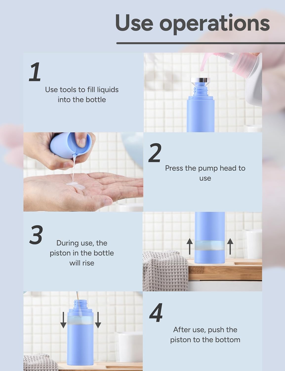 1 oz Airless Pump Bottles, Travel Lotion Container, Skincare Containers for Moisturizer (Plastic, Matte Blue, 3Pcs)