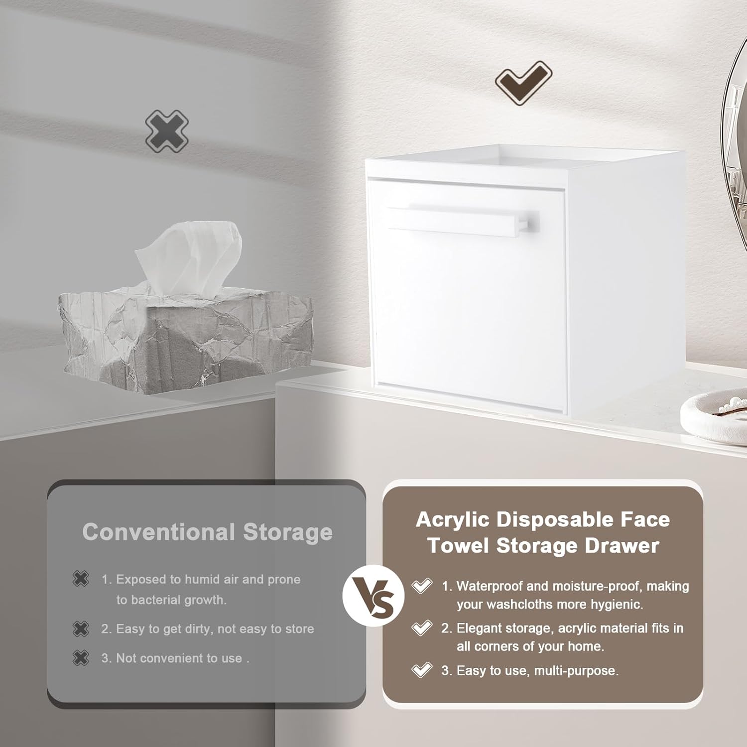 Disposable Face Towel Storage Box Compatible with Clean Skin Club Clean Towel XL Acrylic Facial Towels Holder with Drawer Wall-Mounted Makeup Organizer for Vanity, Bathroom (Glossy White)