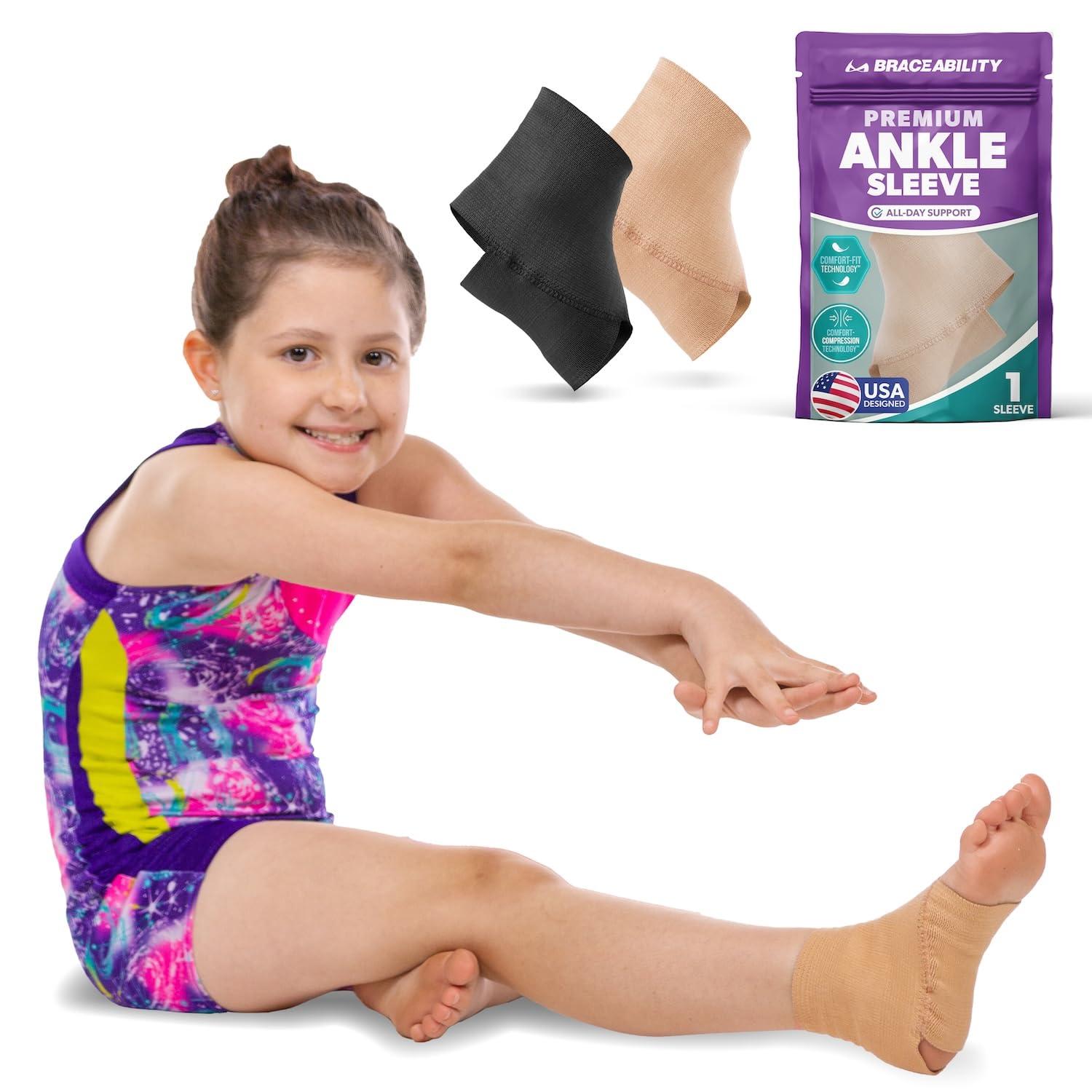 BraceAbility Elastic Ankle Support Brace - Lightweight Slip on Foot and Ankle Compression Sleeve for Gymnastics, Dance, Sports, Running, Exercise, and Sprained Ankle Swelling for Women and Men (Beige, Small)
