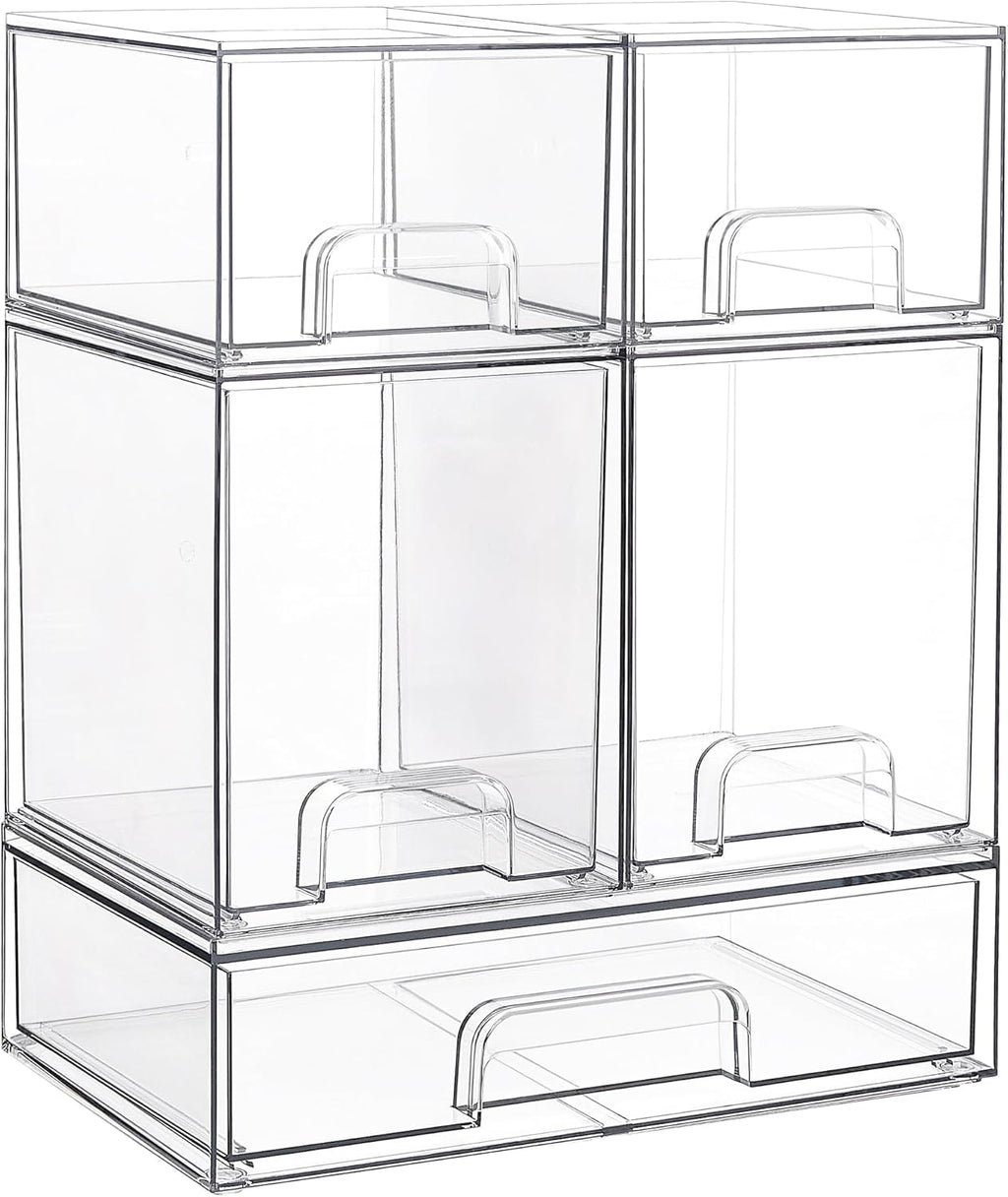 Vtopmart Stackable Storage Drawers Set of 5, Clear Plastic Organizer Bins for Beauty Supplies,Ideal for Vanity, Bathroom,Cabinet,Pantry Organization