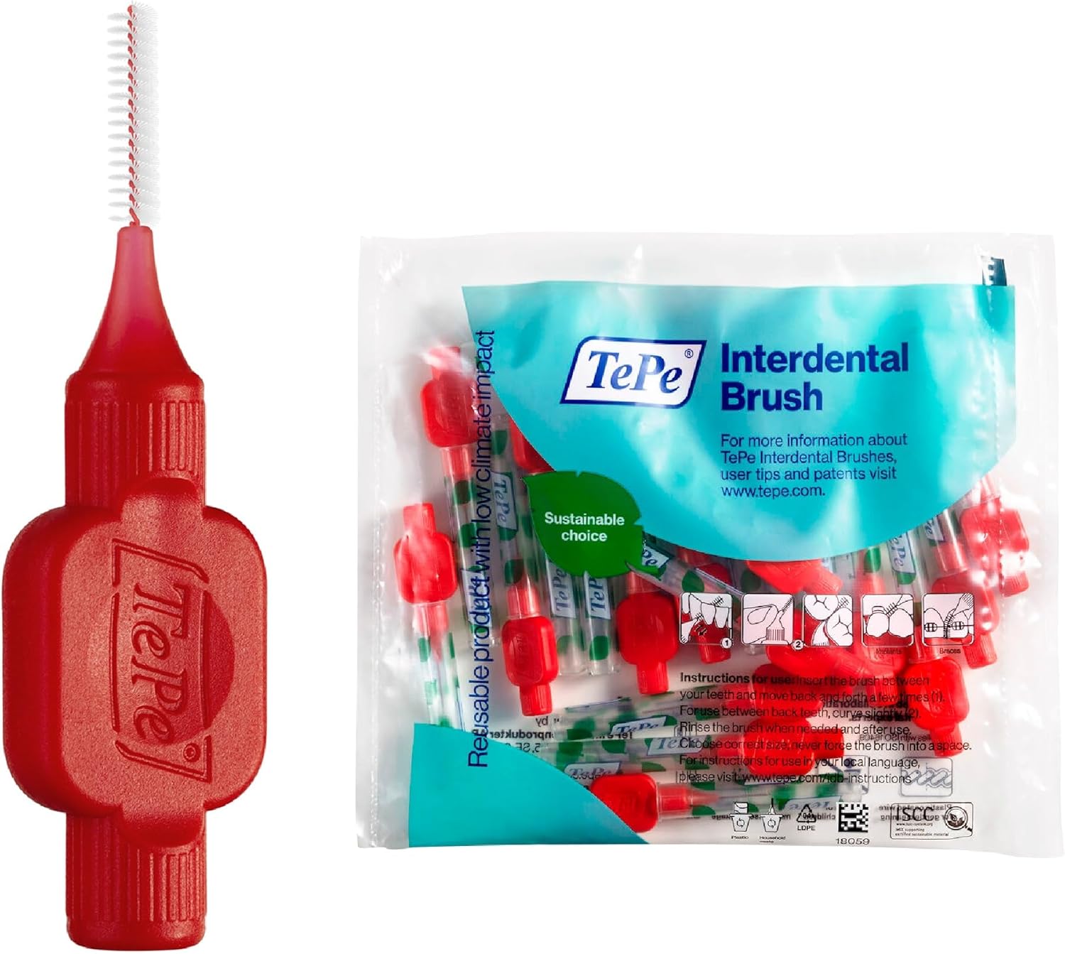 TePe Interdental Brush Original, Soft Dental Brush for Teeth Cleaning, Pack of 20, 0.5 mm, Extra-Small Gaps/Small Gaps, Red, Size 2