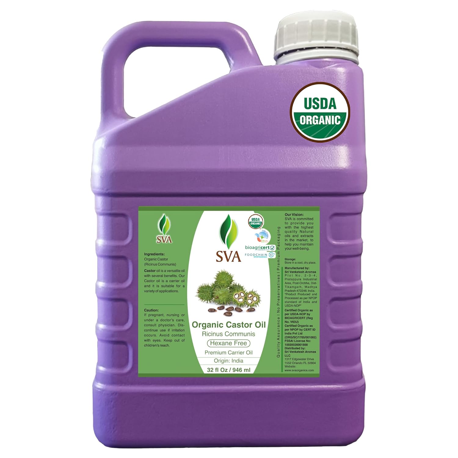 SVA Castor Seed Oi Organic - 32 Fl Oz – 100% Natural Cold Pressed Organic Castor Oil - for Face, Skin Care, Hair Care, Scalp Massage & Body Massage